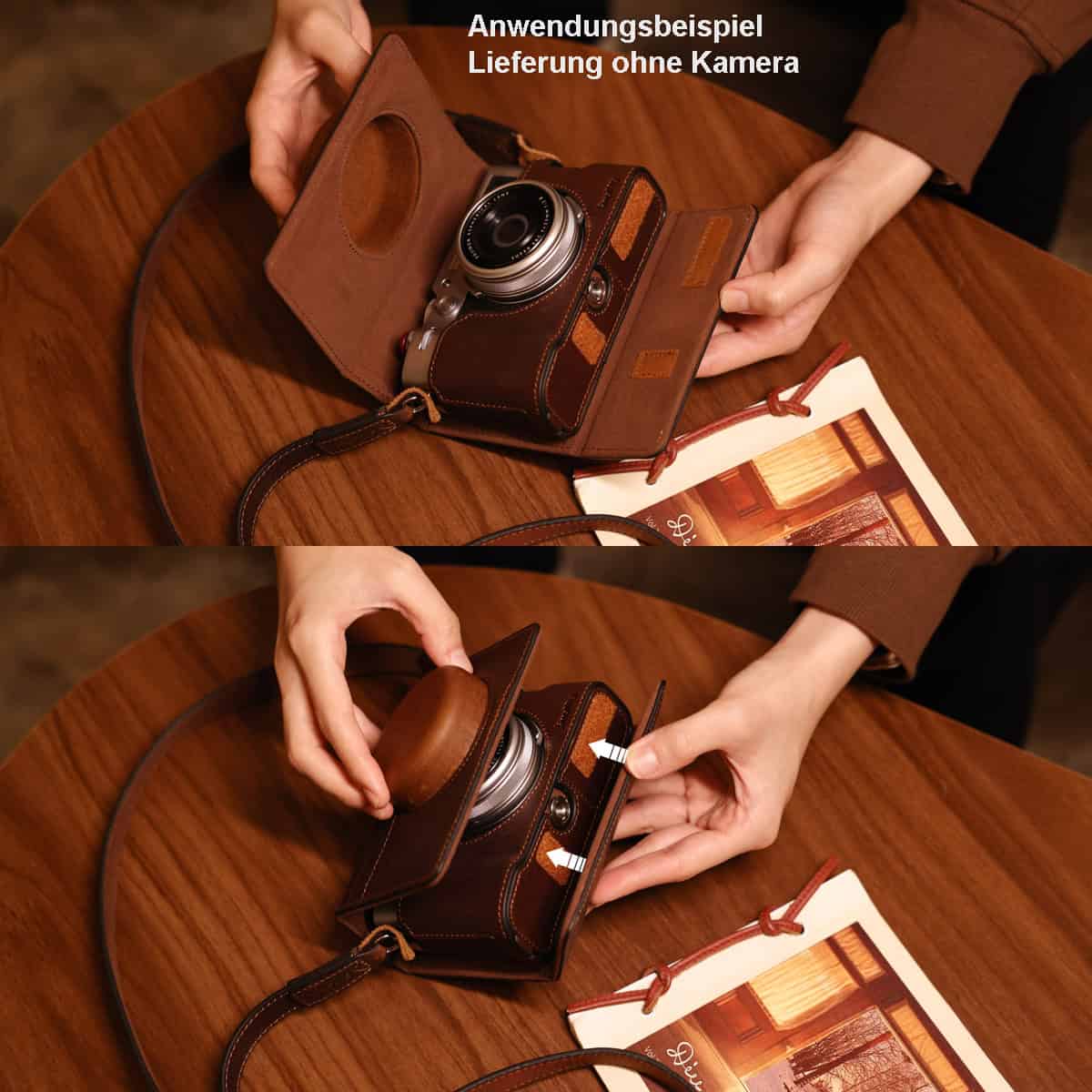 Lederhülle für X100VI Kamera mit Tasche und Zubehör.