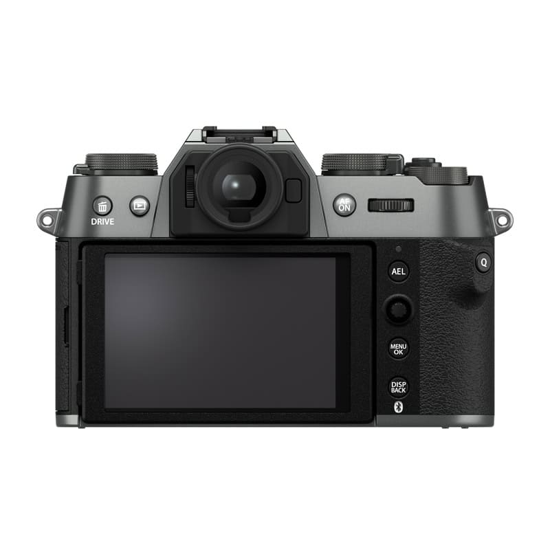Fujifilm X-T50 Gehäuse in anthrazit grau, Rückansicht mit großem Display.