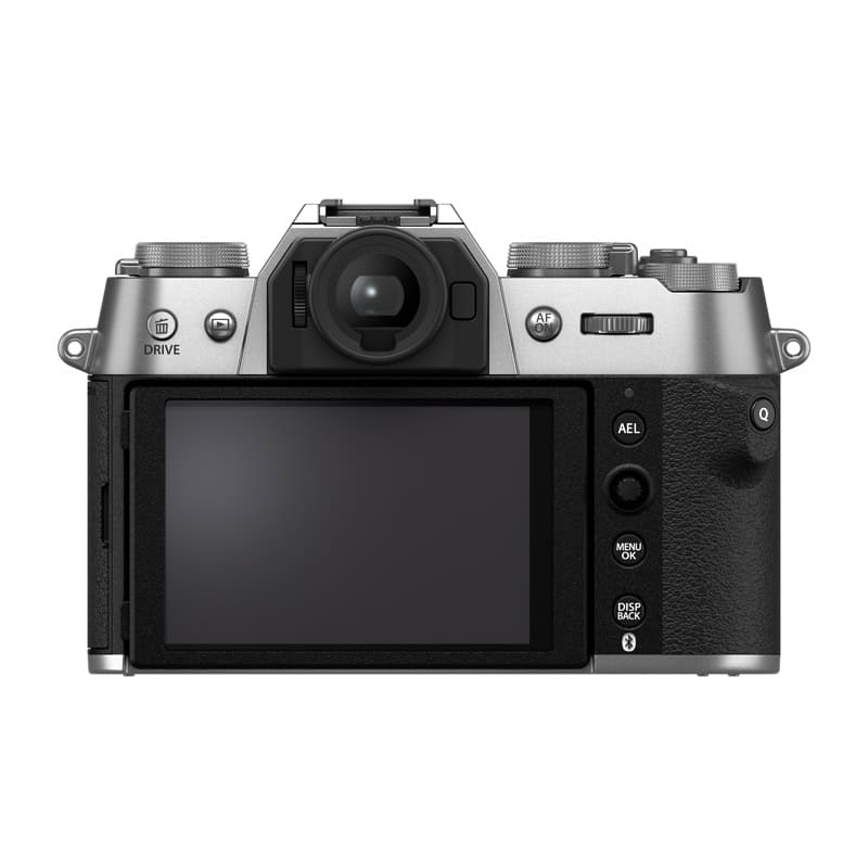 Fujifilm X-T50 Gehäuse in Silber, Rückansicht mit großem Display und Bedienelementen.