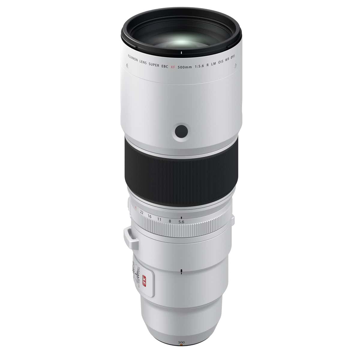Fujinon XF500mm F5.6 R LM OIS WR Teleobjektiv vor weißem Hintergrund.
